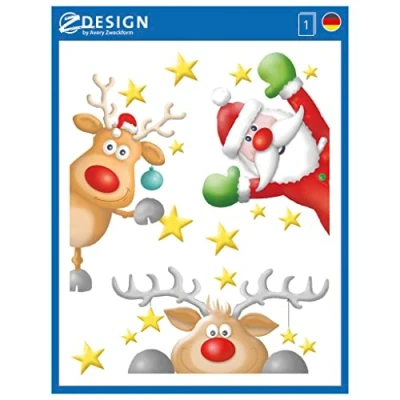 Abbildung von AVERY Zweckform 6 Fensterbilder Rentier Nikolaus Sterne (Made in Germany, selbstklebende Fenstersticker, Weihnachtsdeko Fenster, Fensterfolie ablösbar, wiederverwendbar) 1 Bogen/6 Aufkleber, 52953