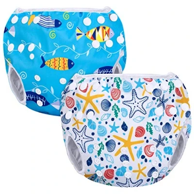 Abbildung von Luxja Schwimmwindel wiederverwendbar (2 Stück), Baby Schwimmhose Verstellbarer, Waschbar für (0 3 Jahre), Shell + Blauer Fisch