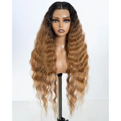 Abbildung von Style Icon Perücke mit Filmansatz Super Lange Lace Front Wigs für Frauen Kunsthaar Wasserwelle Perücken Mittelscheitel Damen Wig 76cm Kunstfaser synthetische Faser (Natural Black)