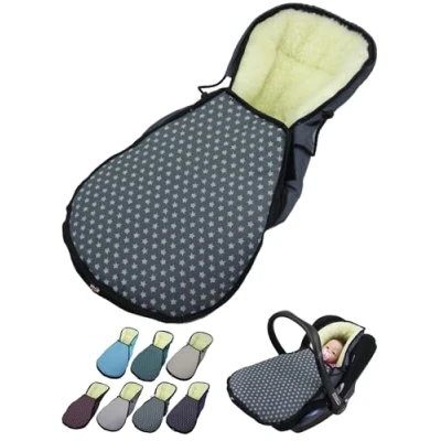 Abbildung von Fußsack für Babyschale [Winterfußsack] Kinderautositz kompatibel mit Maxi Cosi Babyschalen Gruppe 0+ Lammwolle Sitzauflage verstellbar (Sterne dunkelgrau)