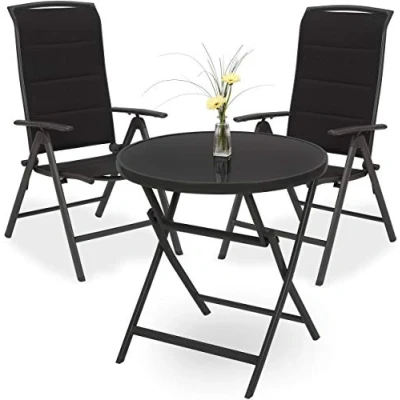 Abbildung von BRUBAKER Garten Sitzgruppe Milano 1 Glastisch Klapptisch rund 70 cm Ø mit 2 Hochlehner Stühlen Aluminium Wetterfest Anthrazit
