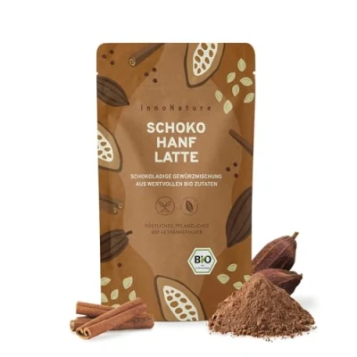 Abbildung von InnoNature Bio Schoko Hanf Latte Pulver mit Kakao, Hanfsamen und Gewürzen harmonisch aromatische Komposition aus u.a. Kakaopulver, Hanfsamen, Ceylon Zimt, Ingwer u. Kardamom 175g Getränkepulver