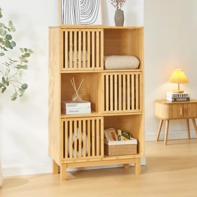 Abbildung von en.casa Bücherregal, »Ypäjä« mit Schiebetüren 6 Ablagefächer Bambus 126x76x32,5cm