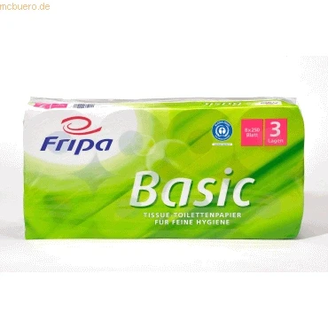Abbildung von Fripa Toilettenpapier Basic, 3 lagig, recycelt, weiß, 1510820, 4000883000438, 1 Packung = 8 Rollen à 250 Blatt