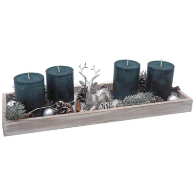 Abbildung von Adventsgesteck Weihnachten Weihnachtsdeko Tablett Petrol Blau Hirsch Weiß Silber Tischdeko Deko