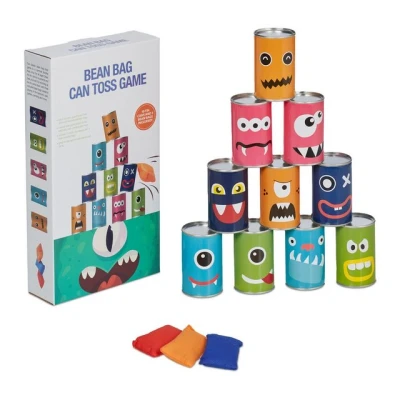 Abbildung von Relaxdays Tin Can Alley Dosenwerfen Monster, Büchsenwerfen für Kindergeburtstage, 10 Blechdosen &amp; 3 Wurfsäcke, Wurfspiel Garten, bunt, 80% Eisen Polyester 10% Sand