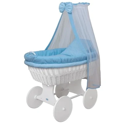 Abbildung von WALDIN Stubenwagen Set mit Ausstattung,XXL,Bollerwagen,komplett,18 Modelle wählbar,Gestell/Räder weiß lackiert,Stoffe blau/kariert