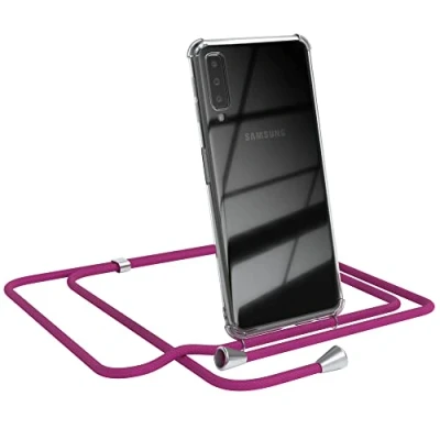 Abbildung von EAZY CASE Handykette kompatibel mit Samsung Galaxy A7 (2018) Handyhülle Umhängeband, Handykordel Schutzhülle, Silikonhülle, Hülle Band, Stylische Kette für Smartphone, Pink