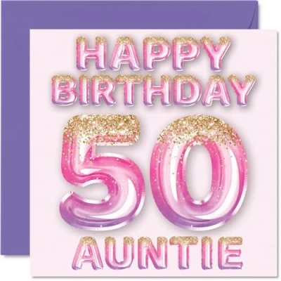 Abbildung von Stuff4 Geburtstagskarte zum 50. Geburtstag für Tante rosa &amp; lila Glitzerballons Happy Birthday Karten 50 Jahre alte von Neffe Nichte, 145 mm x