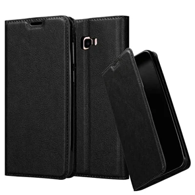 Abbildung von Cadorabo Hülle kompatibel mit Samsung Galaxy J4 Plus aus Premium Kunst Leder Flip Klappbare Stoßfeste Magnetische [Standfunktion] [Kartenfächern] Cover für Tasche in Schwarz