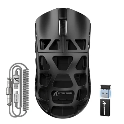 Abbildung von ATTACK SHARK R3PRO 46g SUPERLIGHT Magnesiumlegierung Maus, 8000Hz Kabellose Abfragerate, 26000 DPI, 2,4G/BT/Kabelgebundene Gaming Mouse, PixArt PAW3395 Sensor G502, mit Spiralkabel, PC/Mac, Schwarz