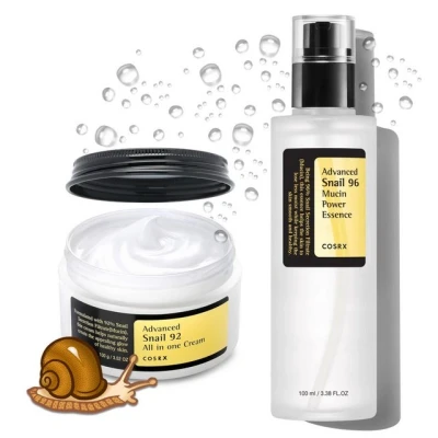 Abbildung von Cosrx Hautpflege Set Advanced Snail Set: 92 All In One Cream + 96 Mucin Power Essence, 2 tlg., Feuchtigkeitscreme, Straffung, Stresslinderung
