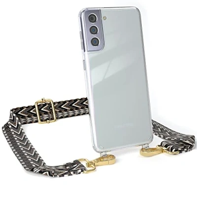 Abbildung von EAZY CASE Handykette Verstellbarer Gurt kompatibel mit Samsung Galaxy S21 Plus, Schulterriemen, Flache Kordel, Handykordel Hülle, Hülle Kette, Grau/Schwarz Metall Gold