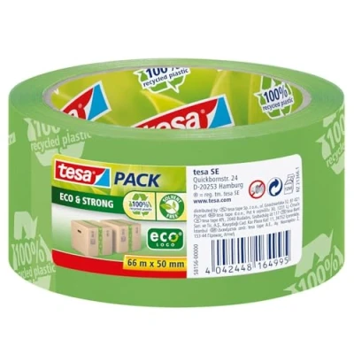 Abbildung von tesapack Eco &amp; Strong Umweltschonendes Paketband aus 100% recyceltem Kunststoff, UV und alterungsbeständig Grün bedruckt 66 m x 50 mm