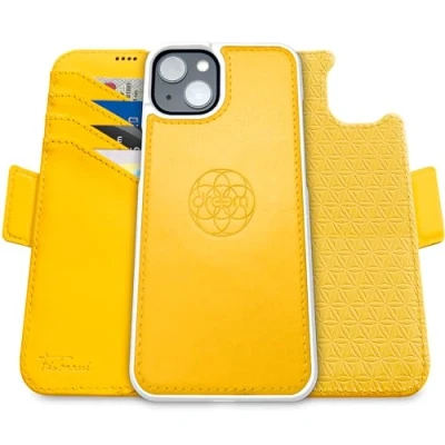 Abbildung von Dreem Fibonacci kompatibel mit iPhone 15 Brieftaschen Etui / 2 in 1 stoßfestes und abnehmbares Folio aus veganem Leder, MagSafe kompatibel, RFID Schutz [Gelb]