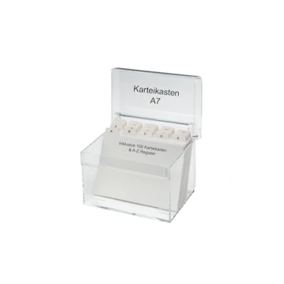 Abbildung von MAUL Karteikasten A7 aus Acryl Kartenbox inkl. 100 Karteikarten und A Z Register Elegante Karteikartenbox zum Vokabeln lernen Visitenkartenbox für Schreibtisch Transparent