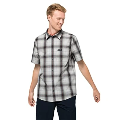 Abbildung von Jack Wolfskin Herren Luftiges Outdoor Hemd Kurzarm HOT Chili Shirt M, Dusty Grey Checks, S, 1400245 7432002