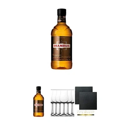 Abbildung von Drambuie Whiskylikör 0,7 Liter + Whisky Nosing Gläser Kelchglas Bugatti mit Eichstrich 2cl und 4cl 6 Stück Schiefer Glasuntersetzer eckig ca. 9,5 cm Ø 2