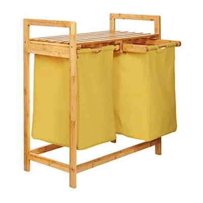 Abbildung von Lumaland Ausziehwäschekorb Bambus mit 2 ausziehbaren Wäschesäcken 73x64x33cm, Wäschesammler Deckel, Pflegeleichtes Material,  leicht abwischbar