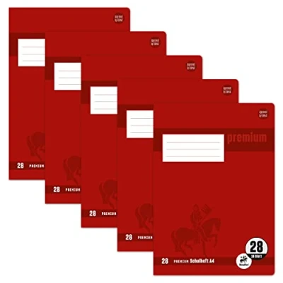 Abbildung von Staufen Premium Schulheft DIN A4, Lineatur 28 (5mm kariert mit Randlinie), 16 Blatt, 90g/m² Papier, 5 Stück