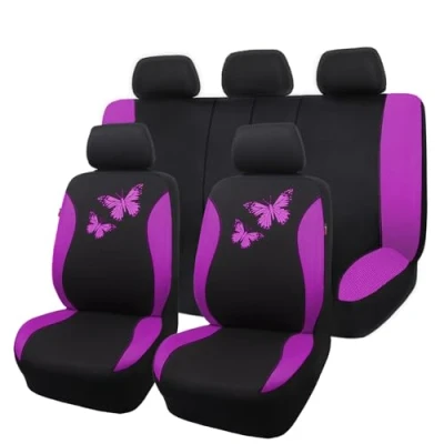Abbildung von Flying Banner Autositzbezüge aus atmungsaktivem Netzstoff, buntes Schmetterlings Offset Druckmuster, Airbag kompatibler Schoner (komplettes Set, lila)