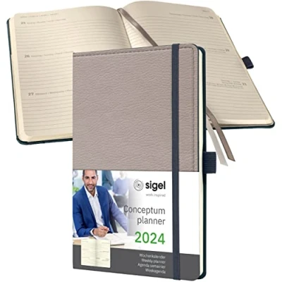 Abbildung von SIGEL C2453 Terminplaner Wochenkalender 2024, Lederoptik, ca. A5, beige, Hardcover, 192 Seiten, Gummiband, Stiftschlaufe, Archivtasche, PEFC zertifiziert, Conceptum