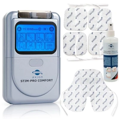Abbildung von Axion TENS Gerät STIM PRO COMFORT mit 4 Elektroden zur Schmerztherapie, Reinigungsspray und Nackenelektrode, gegen Schmerzen