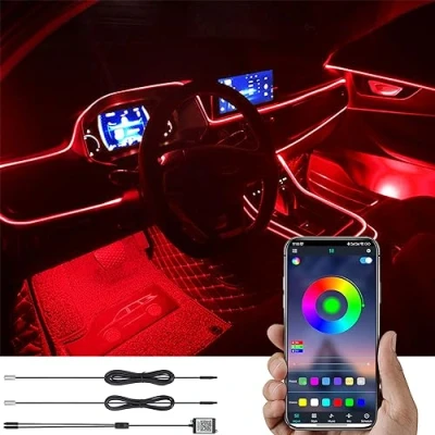 Abbildung von TABEN Auto Atmosphärenlicht Kit Musiksynchronisation Mehrfarbig RGB 16 Millionen Farben 3 Meter Glasfaser USB Ambientebeleuchtung Kit, Sound Active Funktion und drahtlose Bluetooth App Steuerung 12 V