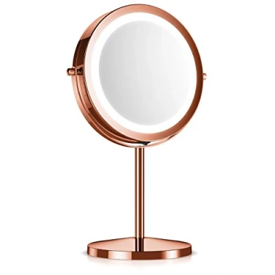 Abbildung von Navaris Kosmetikspiegel mit LED Beleuchtung Spiegel 5fach Vergrößerung Make Up Standspiegel Schminkspiegel beleuchtet 360 drehbar in Kupfer