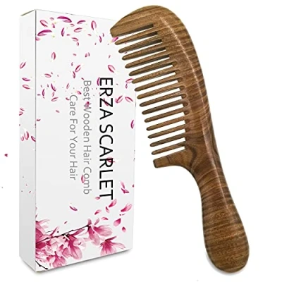 Abbildung von ERZA SCARLET Handgefertigter Kamm Grünes Sandelholz antistatischer handgemachter Breitzahn, Holz Locken Kamm(20cm,Breiter Zahn)