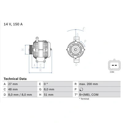 Abbildung von BOSCH 0 986 048 740 Lichtmaschine 14V 150A PEUGEOT: 207 Schrägheck, 308 I CC, CITROËN: C5 III Kombi, C4 Picasso 1, Schrägheck