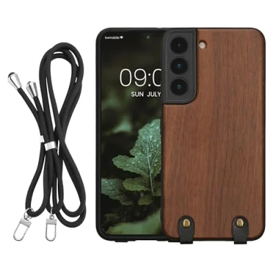 Abbildung von kwmobile Necklace Case kompatibel mit Samsung Galaxy S22 Hülle Holz TPU Cover Handykette Band Handyhülle Dunkelbraun