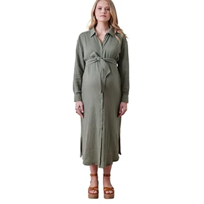 Abbildung von VERTBAUDET Langes Hemdkleid aus Baumwolle Chiffon für Schwangerschaft und Stillzeit Olive 40