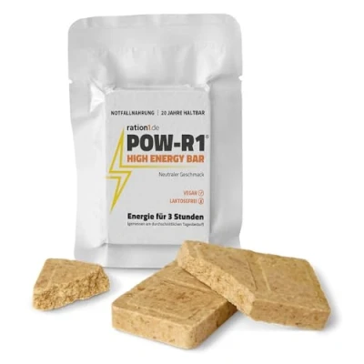 Abbildung von ration1 High Energy Bar, 60g POW R1® Energieriegel, vegan &amp; laktosefrei, Energie Riegel lange haltbar, Survival Kit Notfallnahrung, Überlebenspaket Essen, Emergency Food, Trekking Outdoor Snack