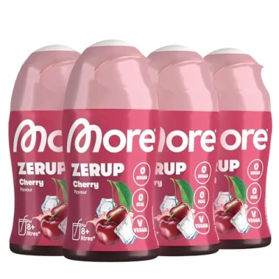 Abbildung von MORE Zerup, Cherry, 4 x 65 ml, für bis zu 32 l Fertiggetränk, zuckerfreier Sirup mit echten Fruchtextrakten, vegan, zero Kalorien made in Germany