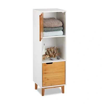 Abbildung von Relaxdays Standregal weiß, Beistellschrank aus MDF und Bambus, Wohnzimmerregal, skandinavisch, HBT 101x32x30 cm, White, 3 Ablagen