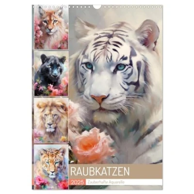 Abbildung von Raubkatzen. Zauberhafte Aquarelle (Wandkalender 2025 DIN A3 hoch), CALVENDO Monatskalender