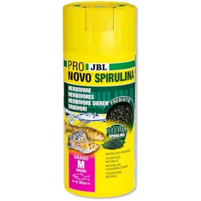 Abbildung von JBL PRONOVO SPIRULINA GRANO, Grünfuttergranulat für alle Aquarienfische von 8 20 cm, Fischfutter Granulat, Klickdosierer, Größe M, 250 ml