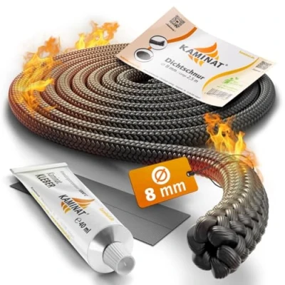 Abbildung von KAMINAT Ofen Dichtschnur 2,5m für Kaminofen Feuerfestes Kamin Dichtband &amp; Ofenrohr Dichtung Hochwertige Dichtungsschnur inkl. Kleber Ø 8mm Breite
