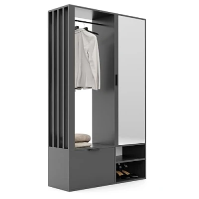 Abbildung von GREKPOL 100x33x190 cm (Rechts/Links) Garderobe Set mit Spiegel Flurgarderobe Graphit Garderobenschrank Flur Sieben Regalböden und Kleiderhaken