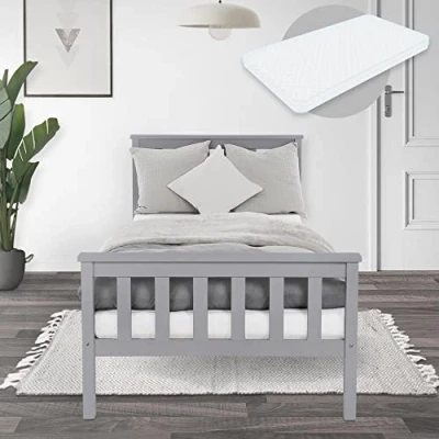 Abbildung von ML Design Holzbett 90x200 cm Hellgrau mit Matratze H:10cm, Kiefernholz, Massivholz Bettgestell Lattenrost, Füße, Einzelbett Kopf und Fußteil, Bett für Kinder/Erwachsene, Kinderbett Jugendbett