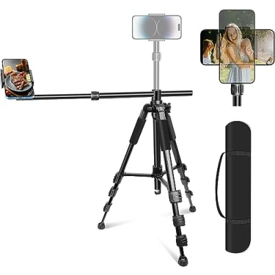 Abbildung von Elitehood Overhead Stativ Handy Flexibel, 180cm Horizontal Tripod iPhone mit 360 Grad Winkel Verstellbar Halterung Stativ, 63cm Lang Boom für Videoaufnahmen/Tragetasche