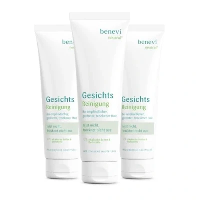 Abbildung von benevi neutral Gesichts Reinigung 3 x 125ml für empfindliche, irritierte, trockene Haut. Ausschließlich milde Tenside, besonders hautverträglich. pH 5,5