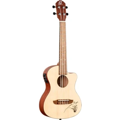 Abbildung von Ortega Guitars Tenor Ukulele elektro akustisch Bonfire Series Fichtendecke mit lasergaviertem Motiv (RU5CE TE)