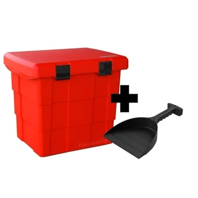 Abbildung von DAKEN Streugutbehälter 108 ltr. ROT, Streugutbox, Streusalzbox, Sandbox, Lagerbehälter, Pick up Box, Anhängerbox, Deichselbox, Streukiste, Salzlager, Winterdienst mit Schaufel