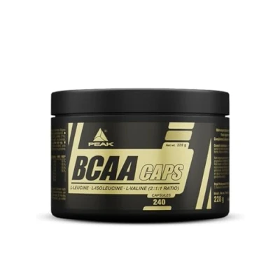 Abbildung von PEAK BCAA Caps 240 Kapseln I 48 Portionen verzweigtkettige Aminosäuren L Leucin, Isoleucin, Valin (2:1:1) mit B Vitaminen einfache Einnahme 228 g
