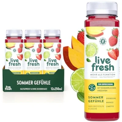 Abbildung von LiveFresh Sommergefühle 12x250ml kaltgepresster Fruchtsaft aus Äpfeln, Erdbeeren, Mango &amp; Limette Vegane Fruchtsäfte ohne Zuckerzusatz Erfrischung sommerlichen Früchten Inkl. 3 Pfand