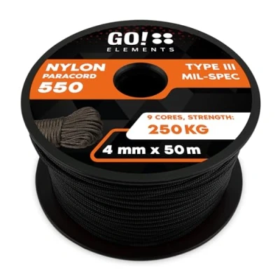 Abbildung von GO!elements 50m Paracord Seil aus reißfester Nylonschnur 4mm 550 Typ III Schnur geeignet als Allzweckseil &amp; Reepschnur Max. 250kg, Farbe: Schwarz
