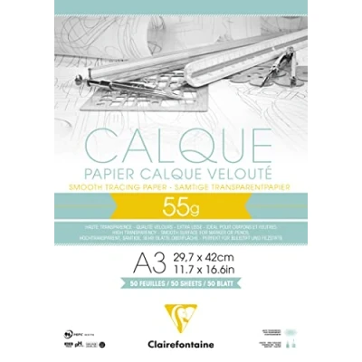 Abbildung von Clairefontaine 975081C Block Transparentpapier (DIN A3, 29,7 x 42 cm, 50 Blatt, 55 g, ideal für technische Zeichnen) transparent Durchsichtig
