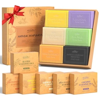 Abbildung von Naturseife Geschenkset, Badeseife für Männer und Frauen, Bio Seife, Lavendel, Teebaum, Zitronengras, Orange, Hafer Mandel, grüner Tee, Bambuskohle, Kurkuma, Vitamin C, Kojisäure, 6 x 3,5 Unzen